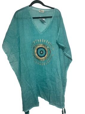 Rhea Teal Linen V-Neck Tunic with Gold Sunburst Detail OS